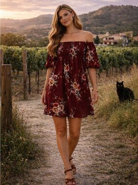 Floral Midi Dress in Burgundy Smocked Front Size 18 Boho Prairie Peasant